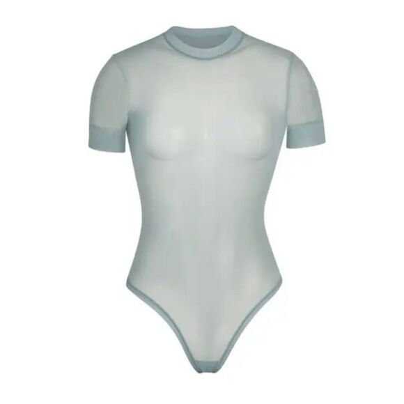 NWT SKIMS Summer Sheer Mesh Bodysuit Sky Blue Bodysuit T-shirt Shortsleeved Top - Picture 3 of 5